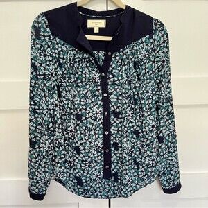 Anthropologie Moulinette Soeurs silk floral blouse Blue White Sz. 0 XS